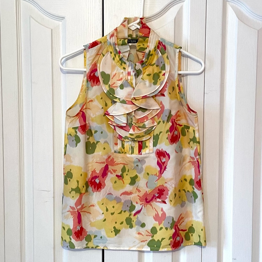 J Crew Floral Silk Ruffle Sleeveless Top